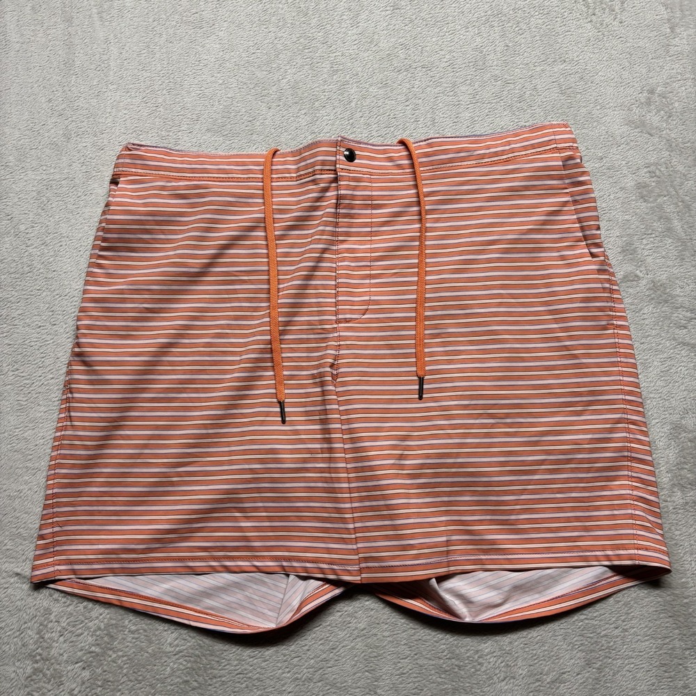 Lands' End Mens XL 7" Hybrid Swim Shorts Lined Stretch Trunk Orange White Stripe